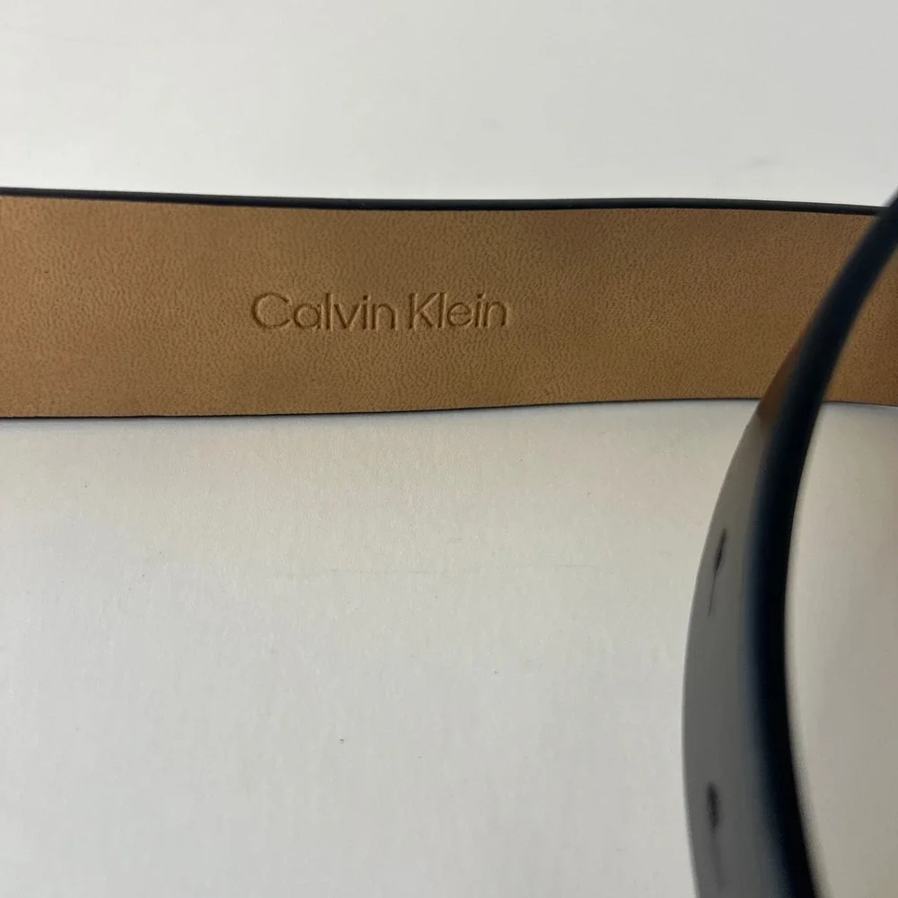 Mens Calvin Klein Black Leather Belt Silver Buckle CK Logo L 38 - 40 NWT‎